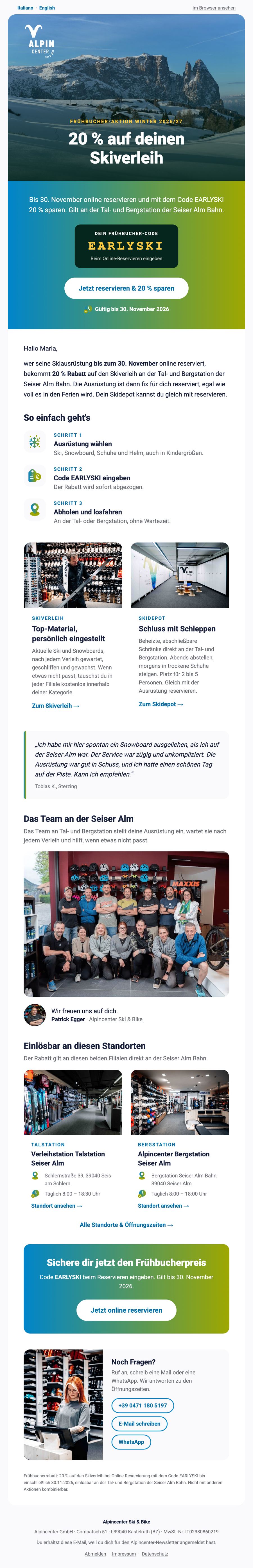 Erster Newsletter, Frühbucher